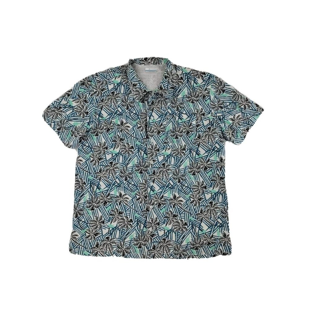 Columbia Mens Vented Fishing Shirt L White Blue Black Fish Palm Tree